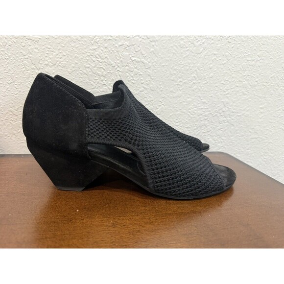 Eileen Fisher Sz 9 Black Wink Knit Open Toe Pump Heels Stretch Mesh & Suede - Picture 3 of 5